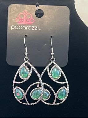 Paparazzi Silver Teardrop Earrings with Green Cabochons